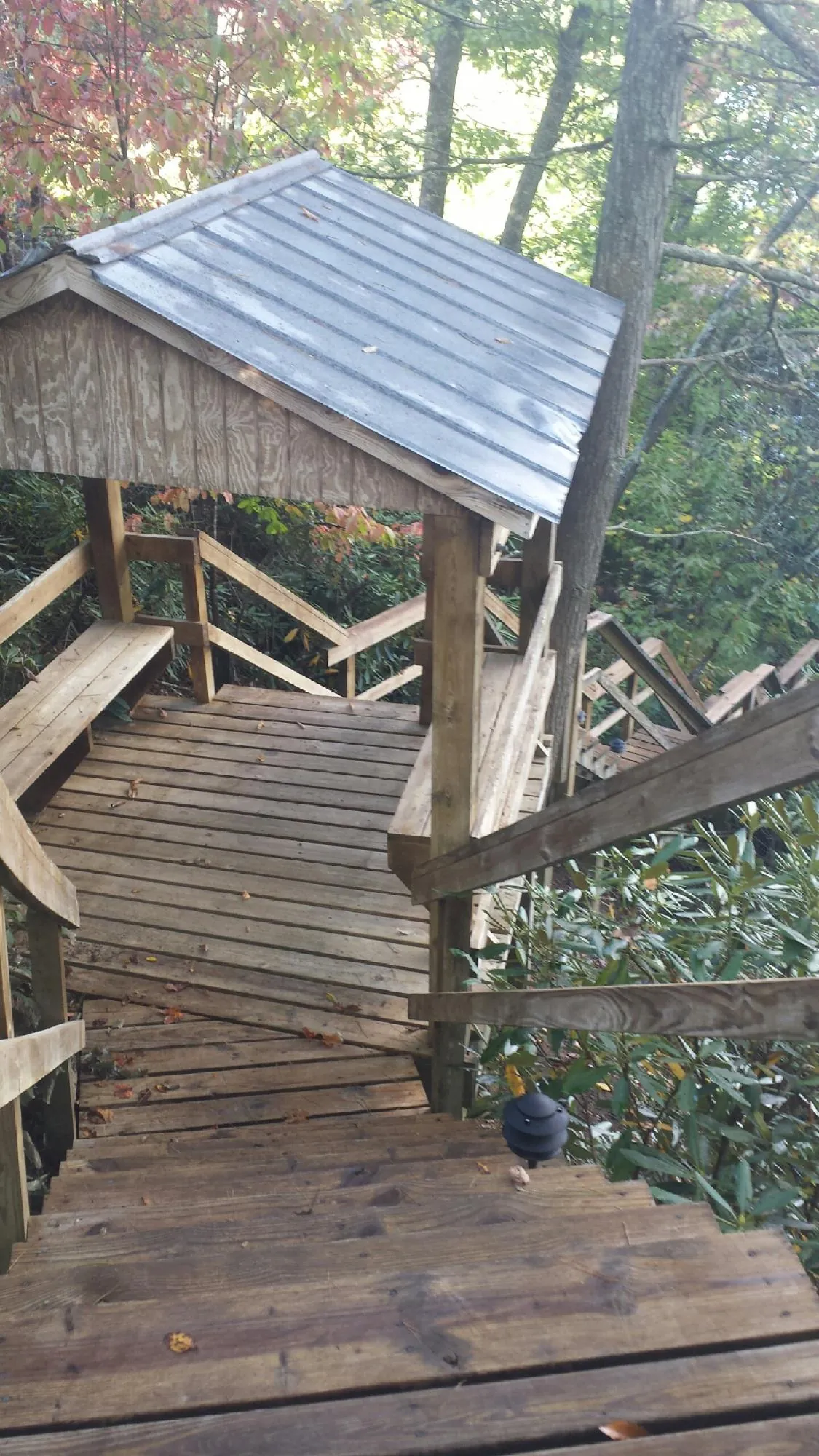 Metal roofed shelter over wooden steps on a wooded walkway — Skylight Repair & Installation work by our crew in Pittsville